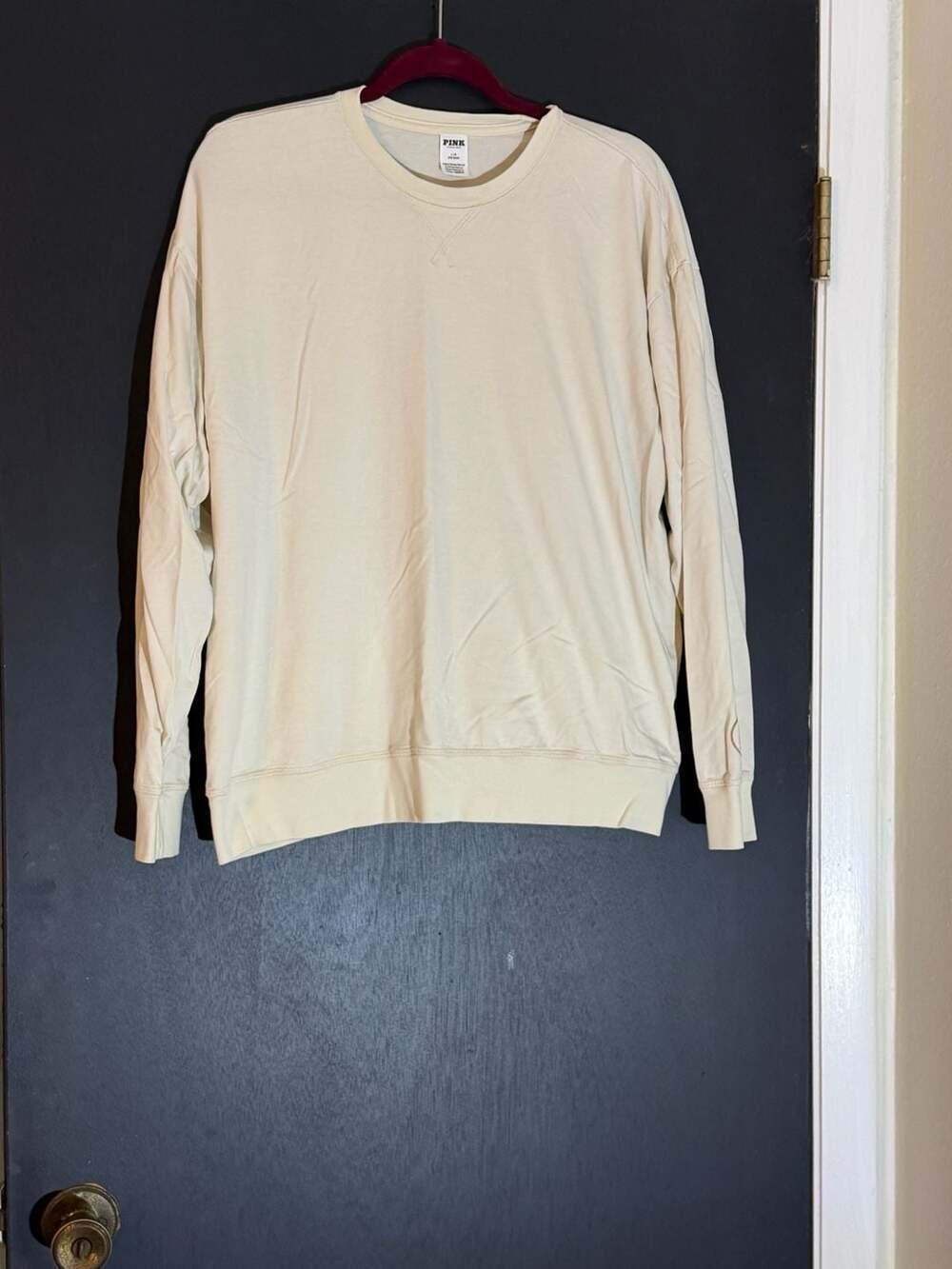 PINK Victoria's Secret Cream Crewneck Long Sleeve Sweatshirt with Sleeve Logo